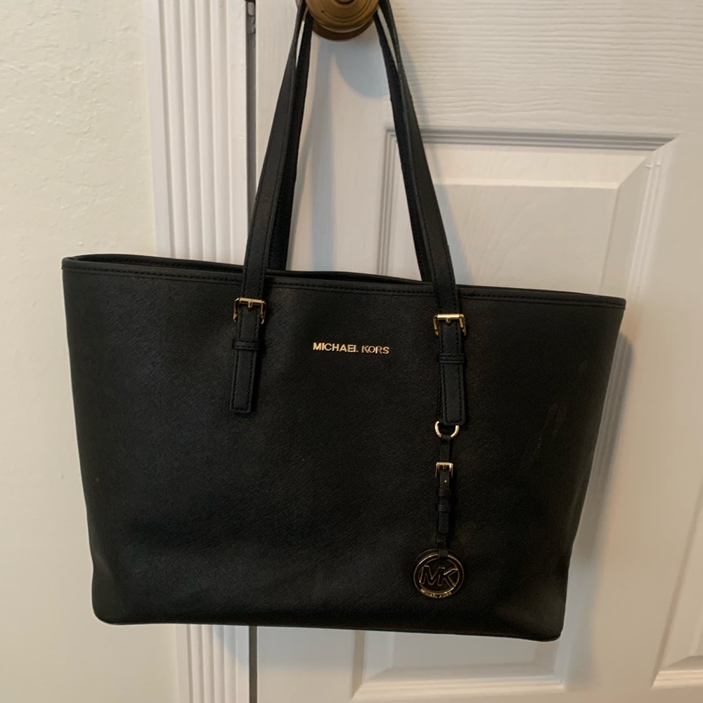 Michael Kors Collection Black Leather Tote with Gold Accents